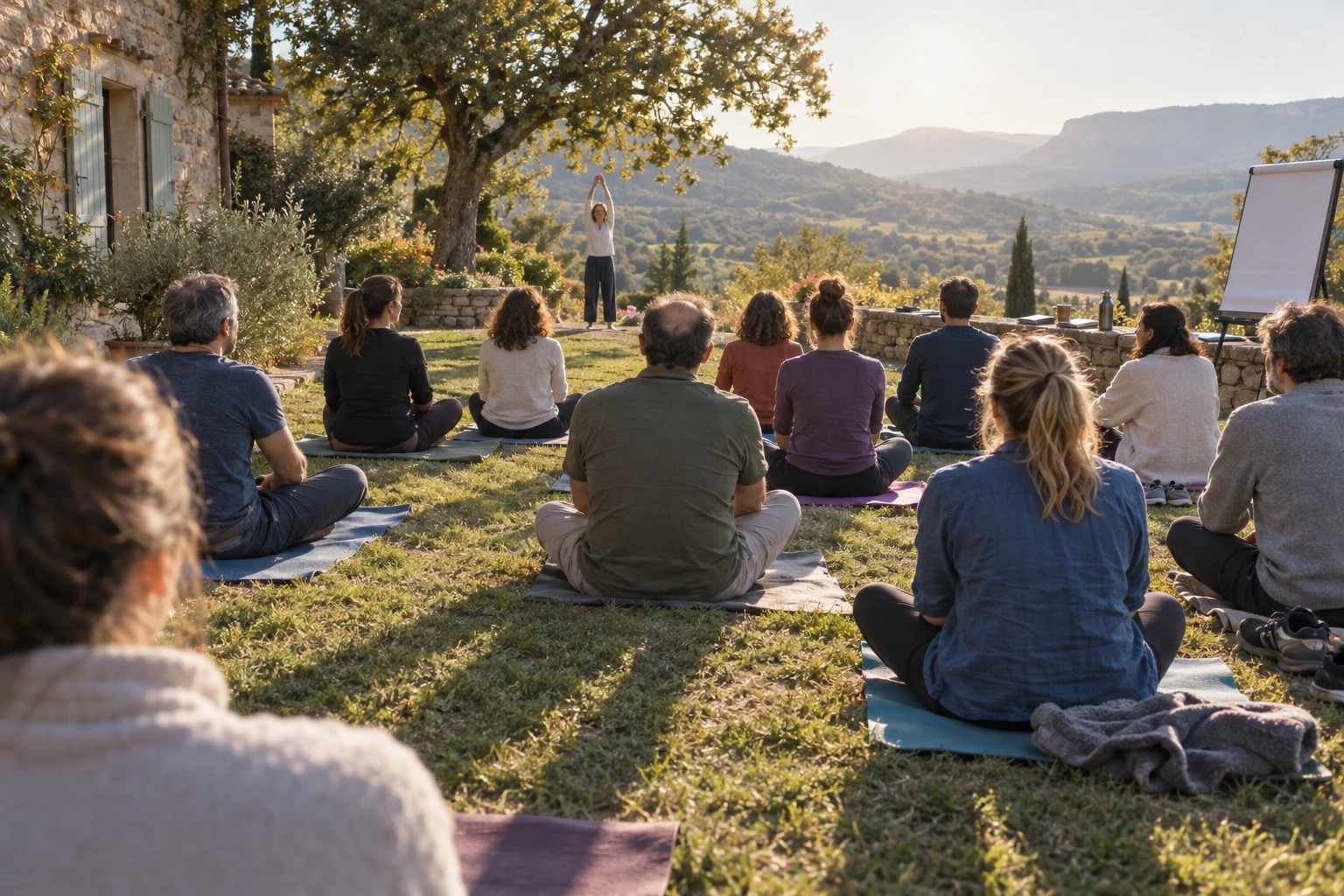 Séance de yoga en séminaire, Drôme provençale Séance d’étirements en plein air pendant un séminaire d’équipe, sur la terrasse d’un mas en Drôme provençale